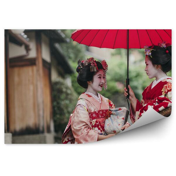 Papier peint Japon ville femme geisha parapluie pluie