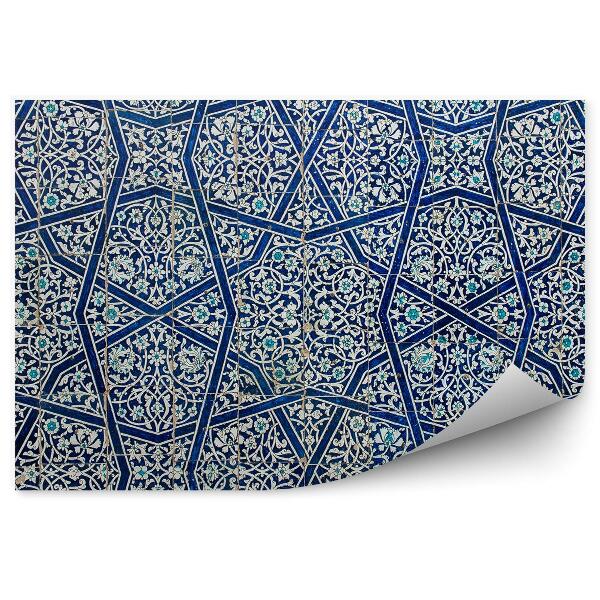 Papier peint Carreau motif floral bleu foncé