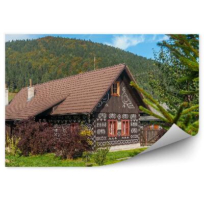 Papier peint Maisons en bois peintes Ciel Nuages Montagne Nature Conifères