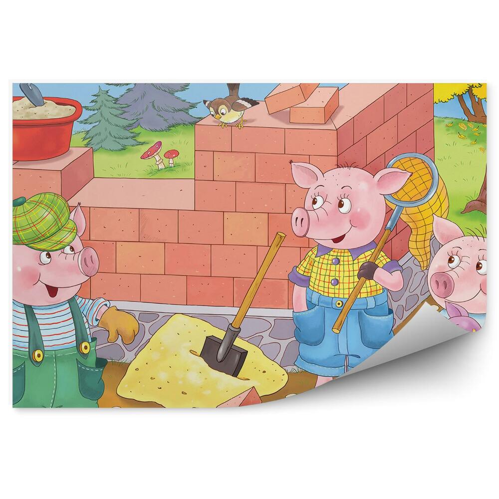 Papier peint panoramique Trois cochons construisent une maison nature