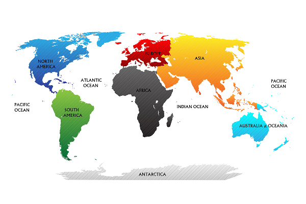 Papier peint Carte du monde avec continents marqués