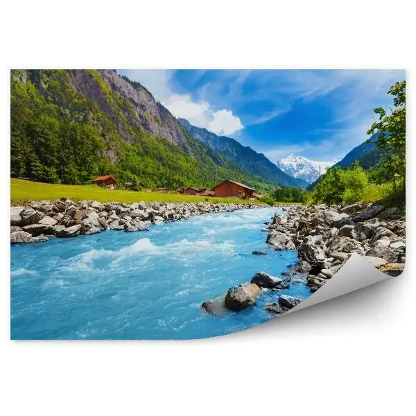 Tapisserie panoramique Paysage suisse avec rivière et maisons