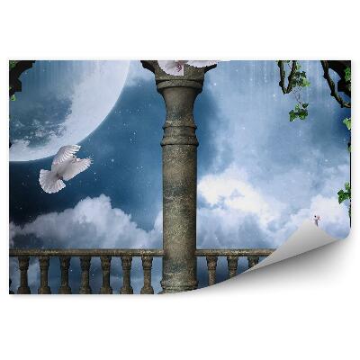 Tapisserie murale Balcon château lierre pigeon lune nuages étoiles
