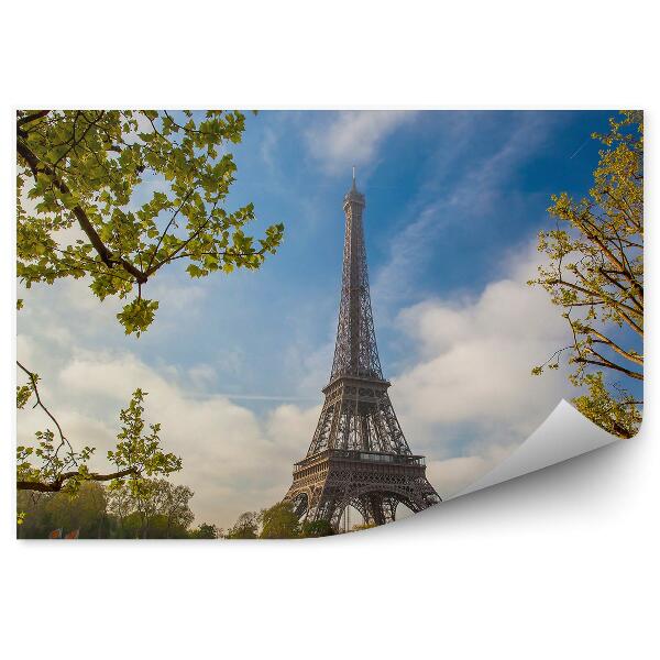 Papier peint Tour Eiffel Bateaux Arbres Seine Paris France