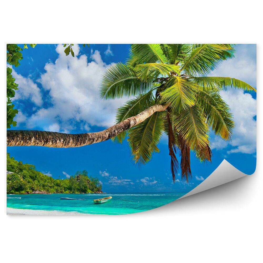 Papier peint Plage Palmiers Île Bateau Ciel Nuages Seychelles