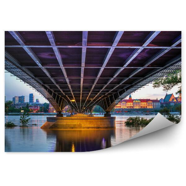 Papier peint Pont en acier Varsovie Crépuscule Rivière Bâtiments Arbres