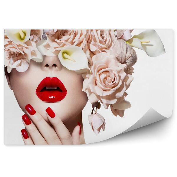 Papier peint Modèle de style Vogue, visage de fille avec des roses. Lèvres et ongles rouges et sexy