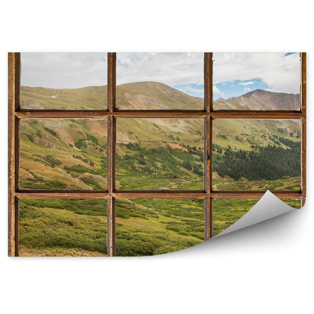 Papier peint Collines paysage vert fenêtre en bois
