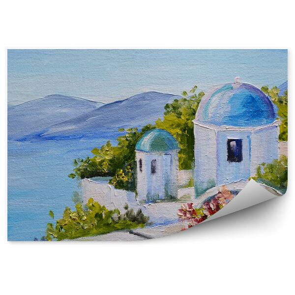 Papier peint Santorini Sea Buildings Flowers Greece Oil Painting (peinture à l'huile)