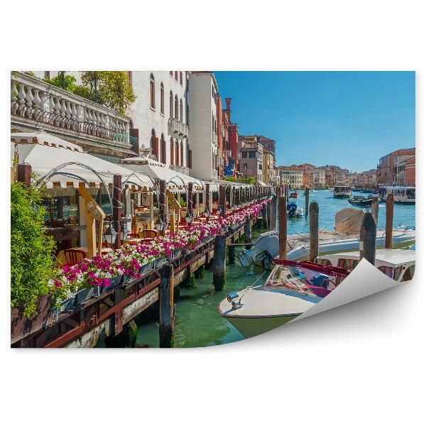 Papier peint Venise vue fleurs plantes bateaux bleu