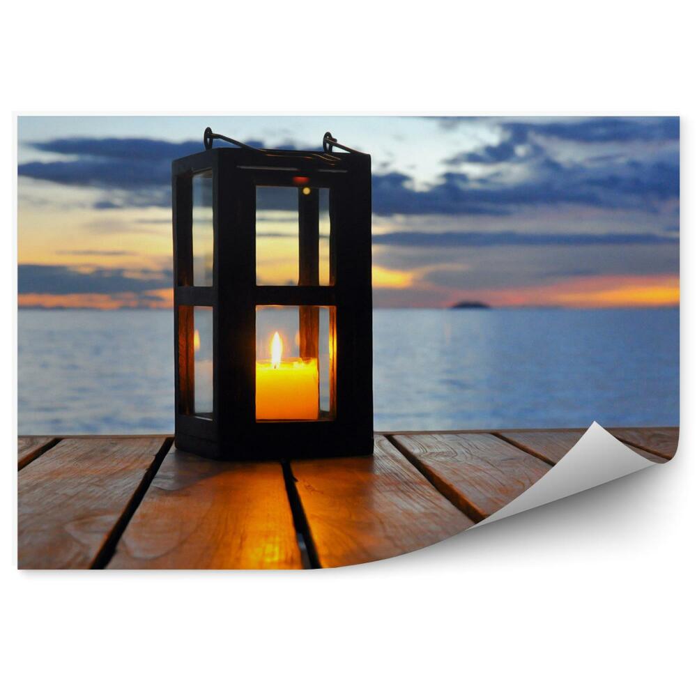 Papier peint Terrasse En Bois Lanterne Bougie Océan Mer Coucher De Soleil