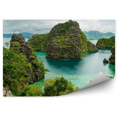 Papier peint Bateaux maisons plantes eau montagnes rochers