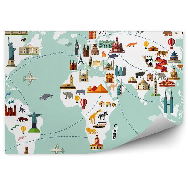 Tapisserie panoramique Carte du monde des continents avec symboles pour enfants