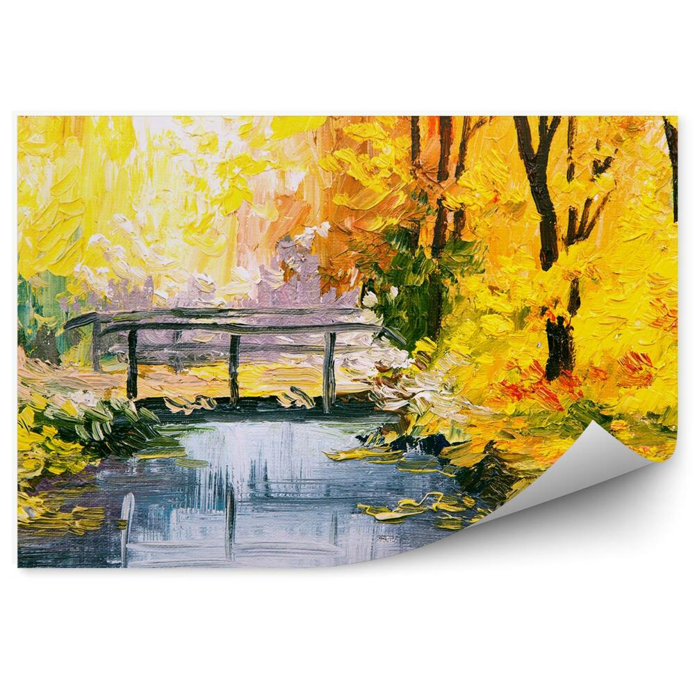 Papier peint Paysage D'automne Feuilles Pont Rivière Peinture À L'huile
