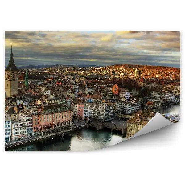 Papier peint Panorama De La Ville De Zürich Bâtiments Église Rivière Ciel Nuages