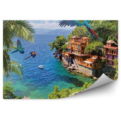 Papier peint Palmiers Perroquets Îles vertes Mer Méditerranée