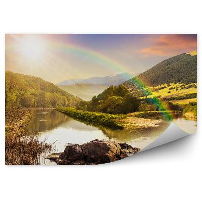 Papier peint Forêt De Montagne Arbres Rivière Arc-En-Ciel Coucher De Soleil Ciel Nuages Nature