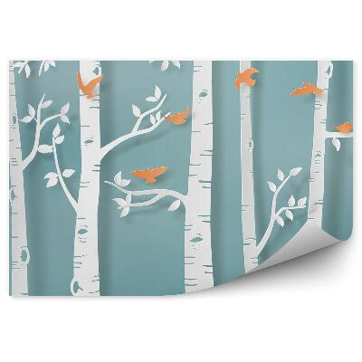 Papier peint Illustration Abstraite D'une Forêt De Bouleaux Avec Des Oiseaux