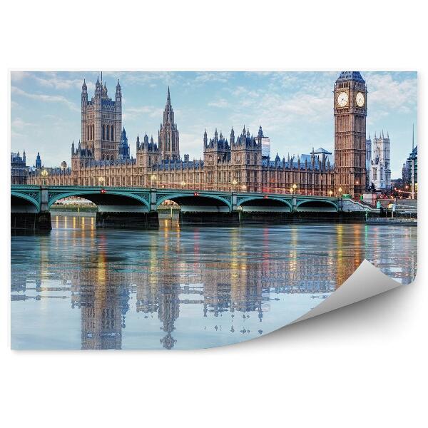 Papier peint Palais de Westminster Big Ben Pont Tamise Londres Ciel nuageux