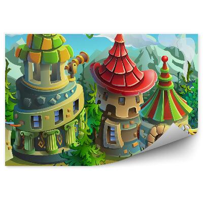 Papier peint panoramique Maison magique forêt toits colorés