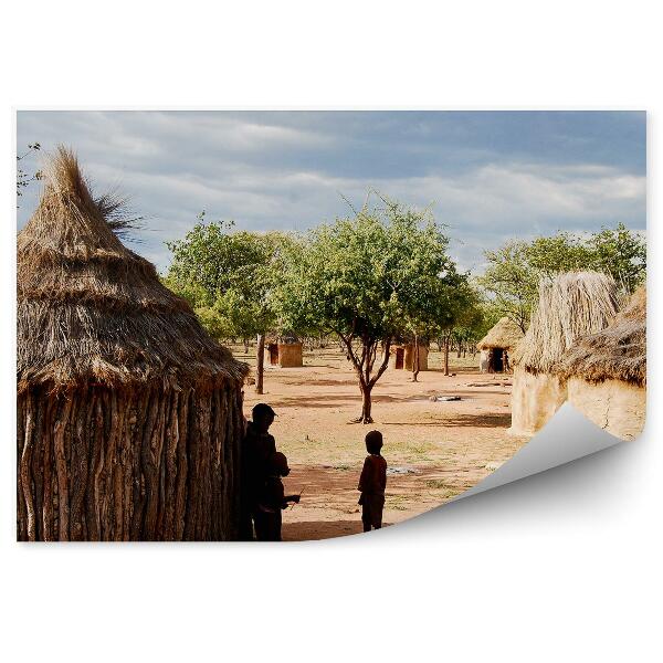 Papier peint Villages Himba Arbres Nuages de ciel Maisons africaines