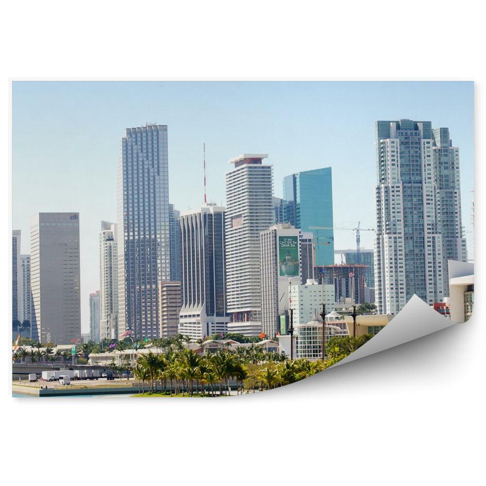 Papier peint Gratte-Ciel Palmiers Pont Océan Ciel Centre Ville Miami