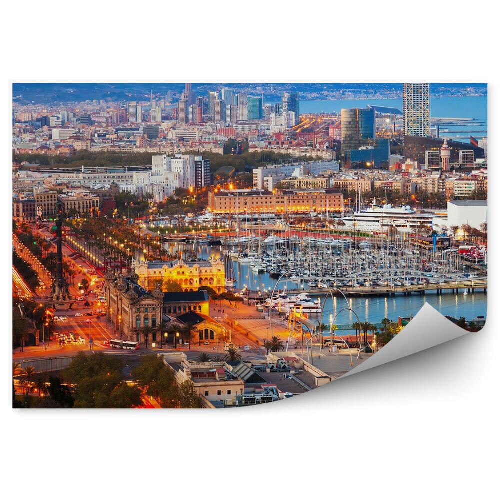 Papier peint Port Vell Barcelone Espagne Coucher de soleil Bateaux Bâtiments Catalogne Barcelone Espagne