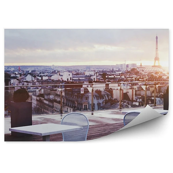 Papier peint Vue Ensoleillée Restaurant Terrasse Paris Tour Eiffel Immeubles Ciel Nuages