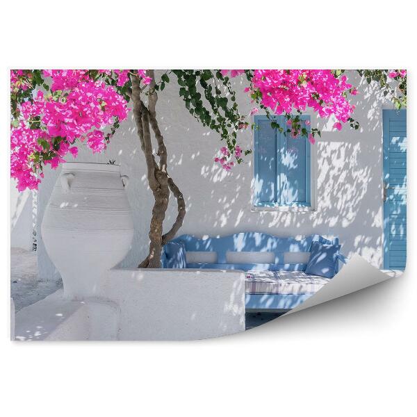 Papier peint Bâtiment Arbres Fleurs Banc Pitchers Ile Santorini Grèce