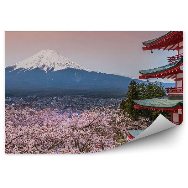 Papier peint Mont fuji japon pagode fleur de cerisier