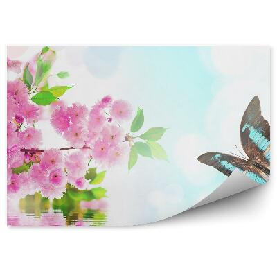 Papier peint Fleurs de cerisier roses fond bleu papillon ombres d'eau