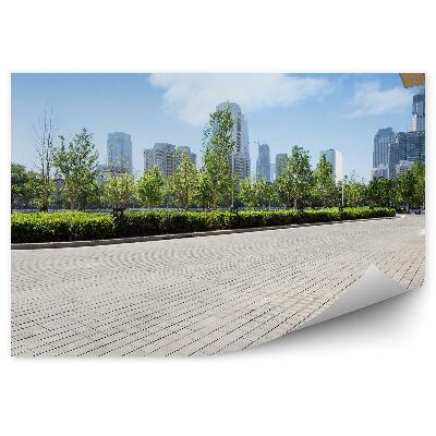 Papier peint Route pavée en briques sur fond de ville