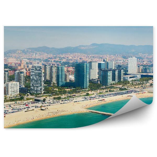 Papier peint Mer Plage Bâtiments Montagnes Vue du ciel Barcelone Espagne