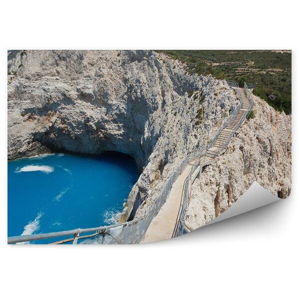 Papier peint Rochers Escaliers Arbres Océan Vagues Lefkas Ciel Nuages