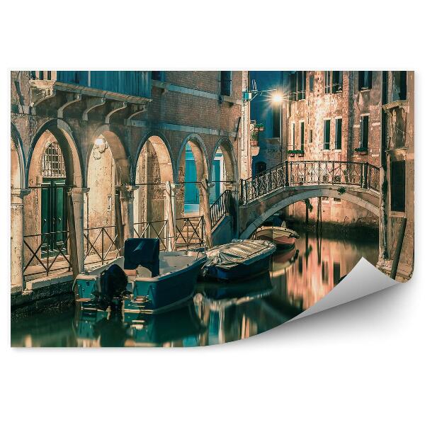 Papier peint Venise canal de nuit bateaux arches architecture