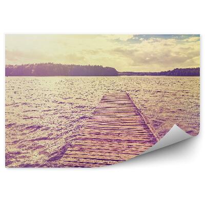 Papier peint Jetée Lac Arbres Herbe Ciel Nuages Coucher De Soleil