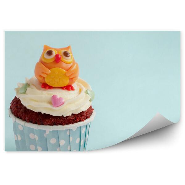 Tapisserie murale Cupcake dessert hibou sucre saupoudré fond bleu