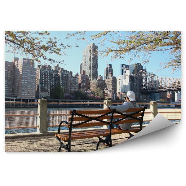 Papier peint Pont de Brooklyn Gratte-ciel Pont de la rivière Banc Homme Arbres New York City