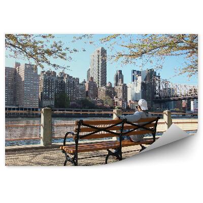 Papier peint Pont de Brooklyn Gratte-ciel Pont de la rivière Banc Homme Arbres New York City