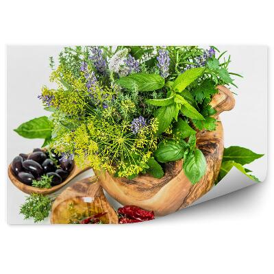 Tapisserie murale Herbes fraîches et épices huile feuilles fond blanc