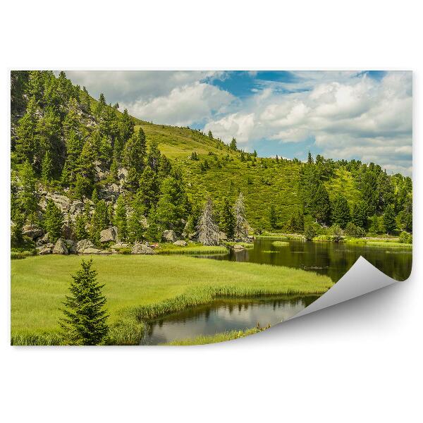 Papier peint Lac Alpin Montagnes Conifères Ciel Nuages Rochers