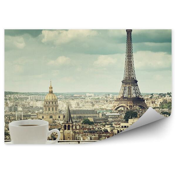 Tapisserie murale Tasse blanche assiette café noir Paris tour eiffel ville