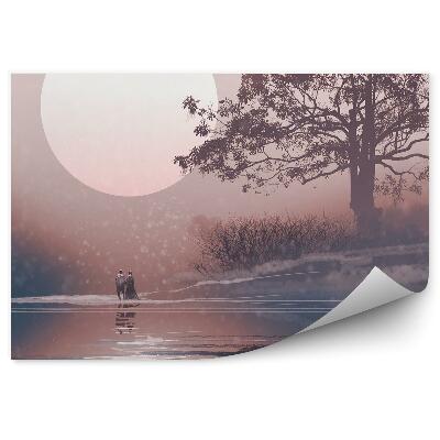 Papier peint Couple D'amoureux Paysage D'hiver Arbre Énorme Lune