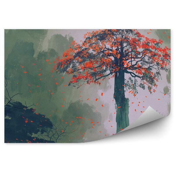 Papier peint Arbre solitaire d'automne avec feuilles tombantes peint