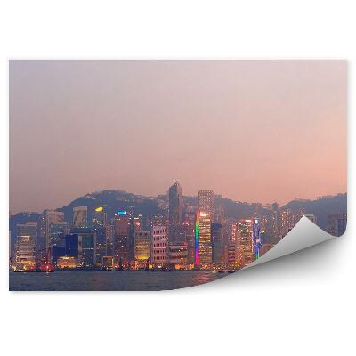Papier peint Panorama Des Gratte-Ciel De Hong Kong Lumières Nuit Océan