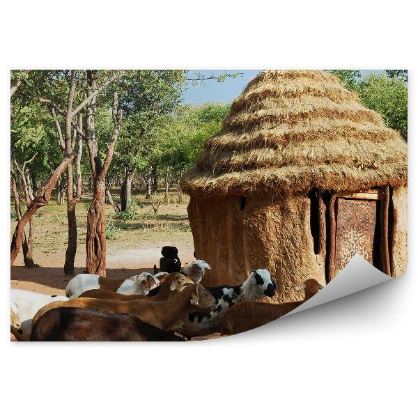 Papier peint Villages Himba Hutte africaine traditionnelle Chèvres Arbres