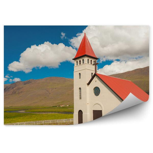 Papier peint Église blanche Islande champs collines