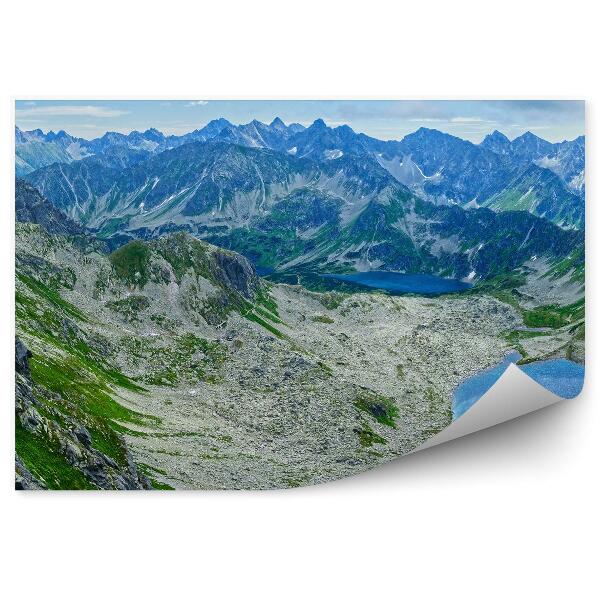 Papier peint Panorama Montagne Herbe Lac Vue Ciel Nuages