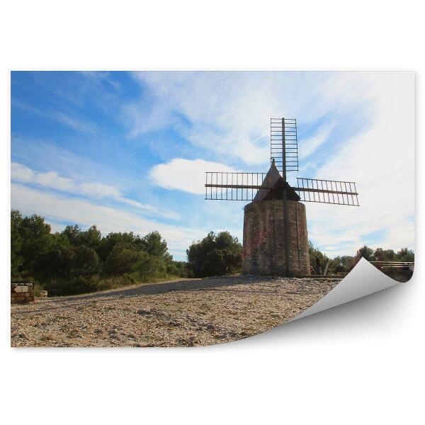 Papier peint Moulin à vent Provence Arbres Ciel Colline France