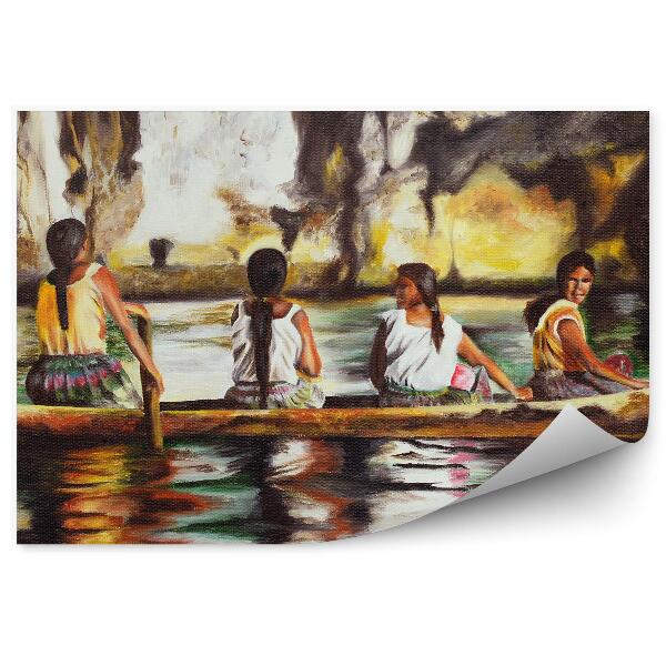 Papier peint Quatre femmes indiennes Bateau Rivière Rocher Amazon Image